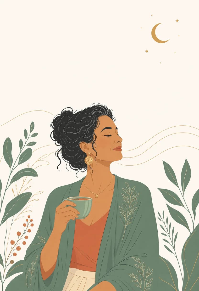 Ilustración editorial de una mujer en perfil con elementos botánicos y luna creciente